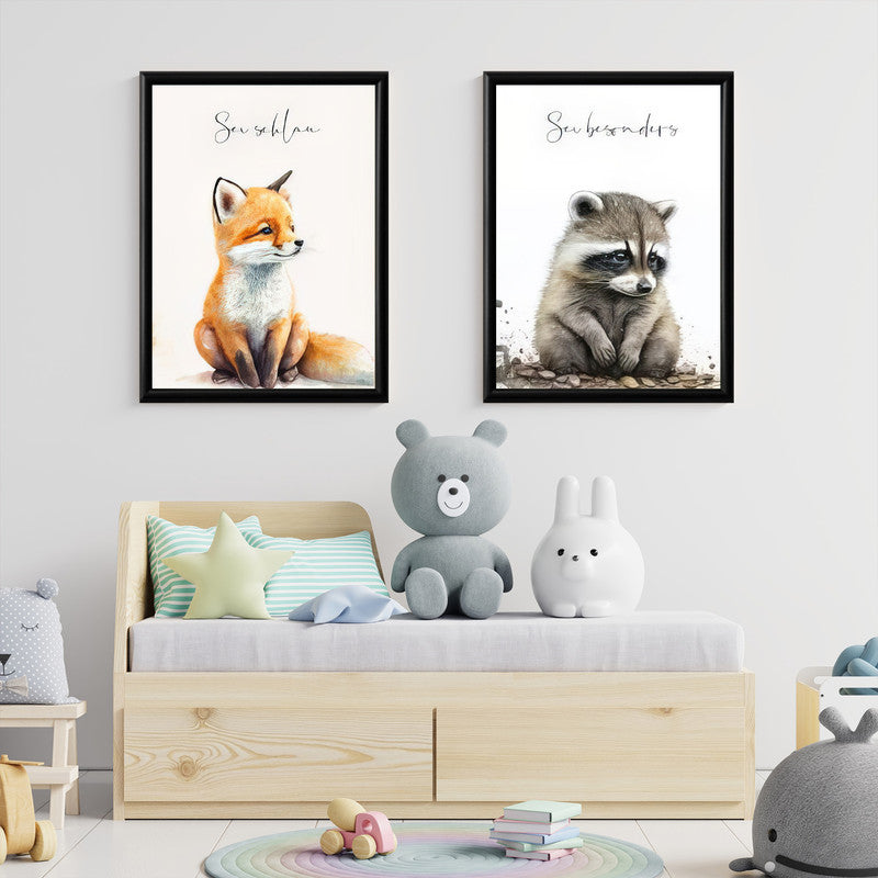 LuxuryStroke's Childrens Bedroom Wall Pictures, Nursery Animal Wall Artand Nursery Canvas Wall Art - Baby Fox & Bear