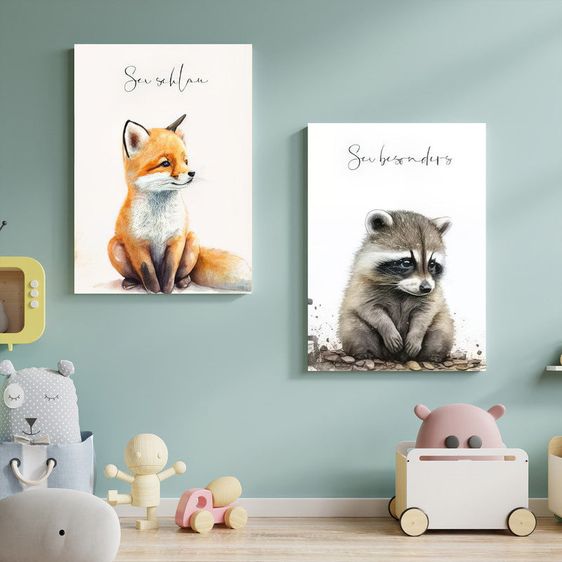 LuxuryStroke's Childrens Bedroom Wall Pictures, Nursery Animal Wall Artand Nursery Canvas Wall Art - Baby Fox & Bear