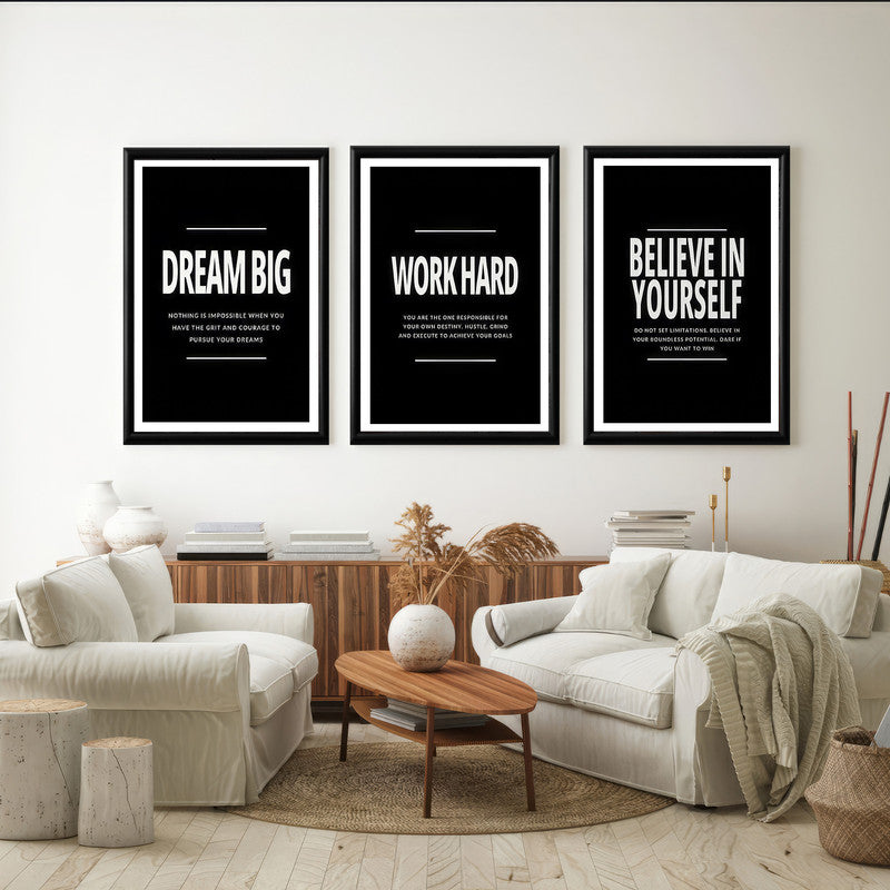 LuxuryStroke's Painting Motivational Quotes, Motivation Painting Quotesand Motivation Paintings With Quotes - Motivational Art - Dream Big, Work Hard And Believe In Yourself - Set Of 3 Paintings