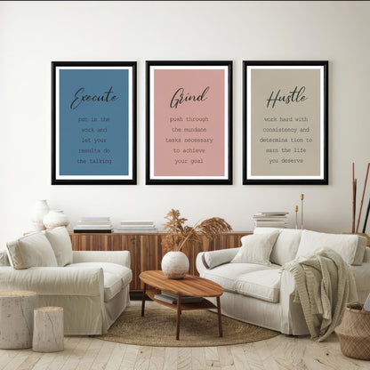LuxuryStroke's Motivation Paintings With Quotes, Motivation Painting Quotesand Painting Motivational Quotes - Motivational Art - Execute,Grind,Hustle - Set of 3 Paintings