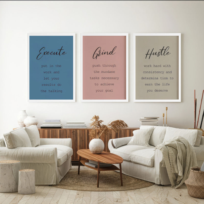 LuxuryStroke's Motivation Paintings With Quotes, Motivation Painting Quotesand Painting Motivational Quotes - Motivational Art - Execute,Grind,Hustle - Set of 3 Paintings