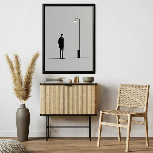 LuxuryStroke's Black And White Abstract Art, Black And White Modern Artand Minimalist Black And White Art - Urban Solitude: Monochrome Artistry With Hat-Wearing Man Under Streetlight