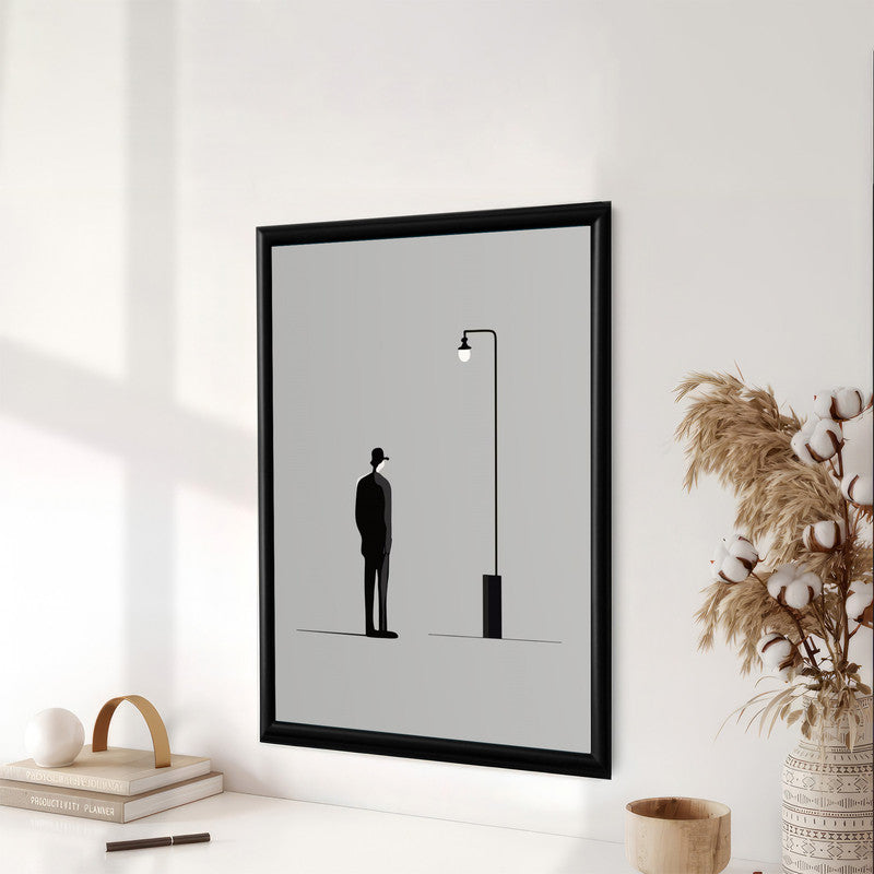 LuxuryStroke's Black And White Abstract Art, Black And White Modern Artand Minimalist Black And White Art - Urban Solitude: Monochrome Artistry With Hat-Wearing Man Under Streetlight