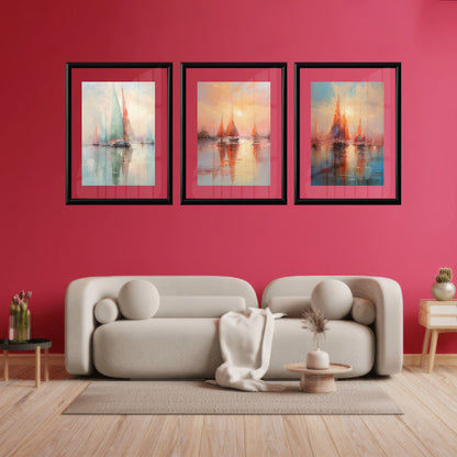 LuxuryStroke's Beautiful Landscape Art, Landscape Painting Artworkand Acrylic Scenery Painting - Landscape Art - Set of 3 Ship Paintings - Oil Paintings