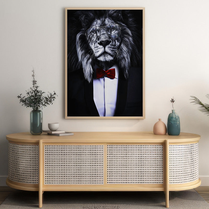 LuxuryStroke's Acrylic Lion Painting, Black And White Modern Artand Minimalist Black And White Art - Regal Elegance: Lion In Suit Wall Art Painting