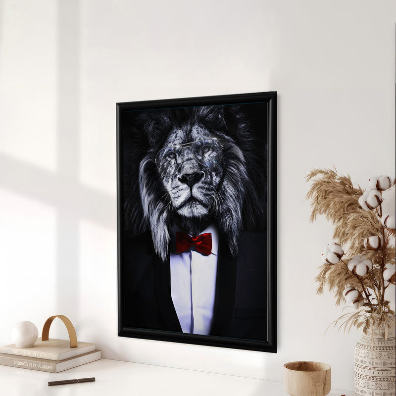 LuxuryStroke's Acrylic Lion Painting, Black And White Modern Artand Minimalist Black And White Art - Regal Elegance: Lion In Suit Wall Art Painting