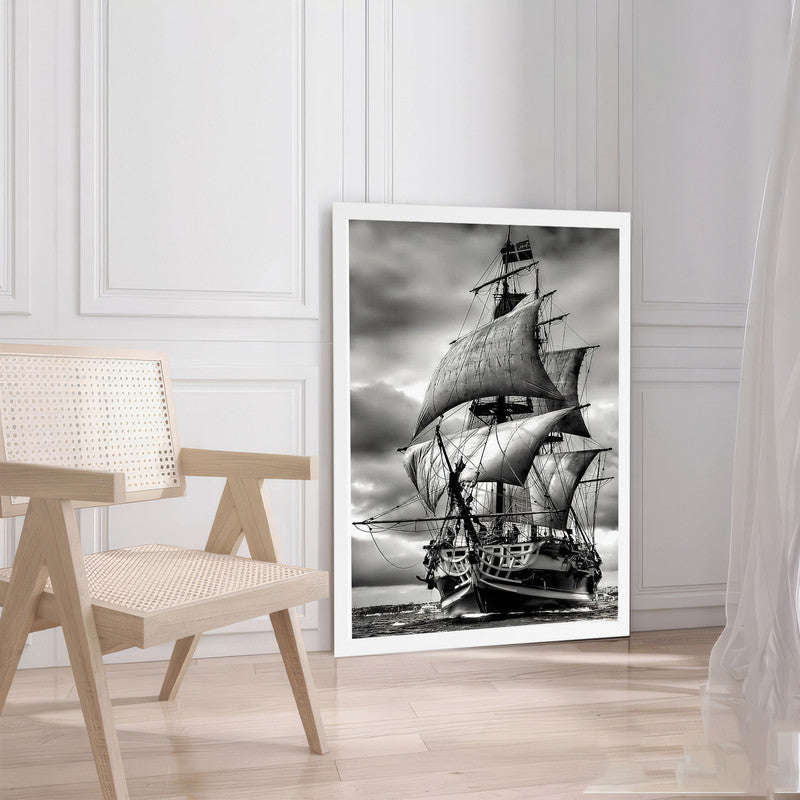 LuxuryStroke's Boat Art Black And White Abstract Art, Black And White Modern Artand Black And White Abstract Art - Black & White Odyssey: Boat Under Stormy Skies Painting