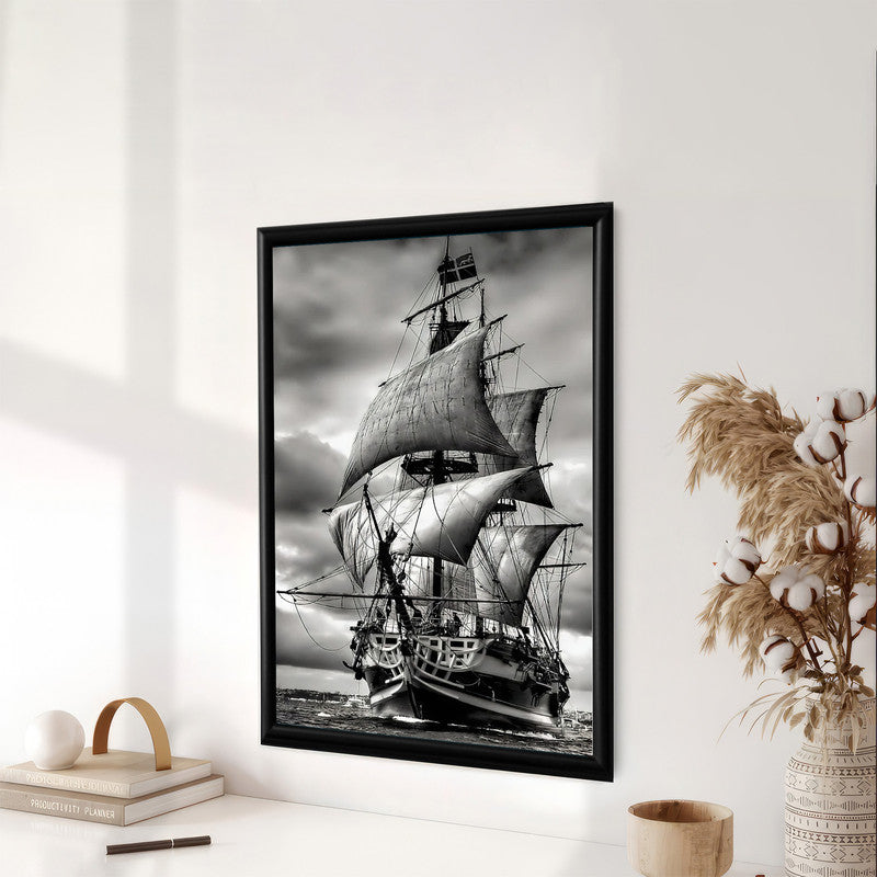 LuxuryStroke's Boat Art Black And White Abstract Art, Black And White Modern Artand Black And White Abstract Art - Black & White Odyssey: Boat Under Stormy Skies Painting