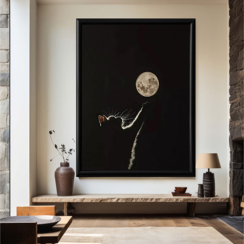 LuxuryStroke's Cat Minimalistic Painting, Paintings Of Animalsand Abstract Animal Paintings - Dark Night Art: Young Kitten Reaching Out To Moon Painting