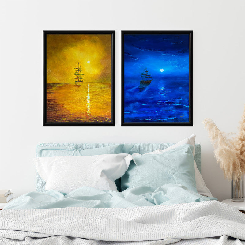 LuxuryStroke's Landscape Art Watercolor, Landscape Painting Artworkand Landscape Painting Nature - Premium Minimalistic Ship Art: Set of 2 Paintings