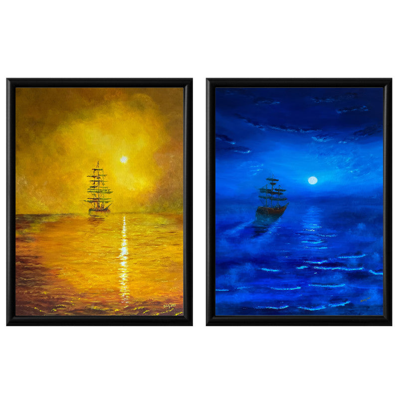 LuxuryStroke's Landscape Art Watercolor, Landscape Painting Artworkand Landscape Painting Nature - Premium Minimalistic Ship Art: Set of 2 Paintings
