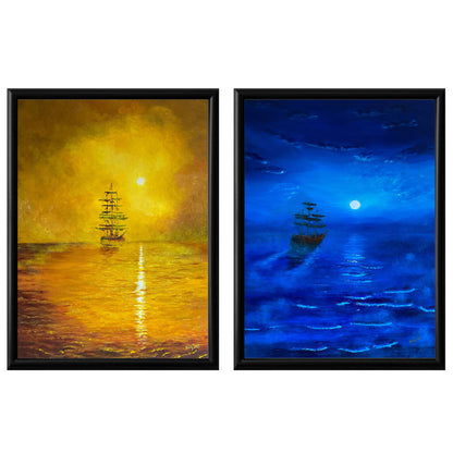LuxuryStroke's Landscape Art Watercolor, Landscape Painting Artworkand Landscape Painting Nature - Premium Minimalistic Ship Art: Set of 2 Paintings