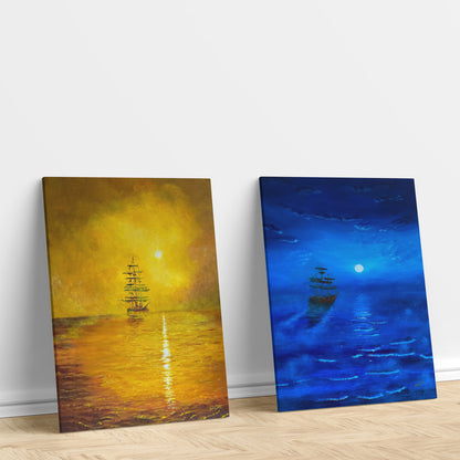 LuxuryStroke's Landscape Art Watercolor, Landscape Painting Artworkand Landscape Painting Nature - Premium Minimalistic Ship Art: Set of 2 Paintings