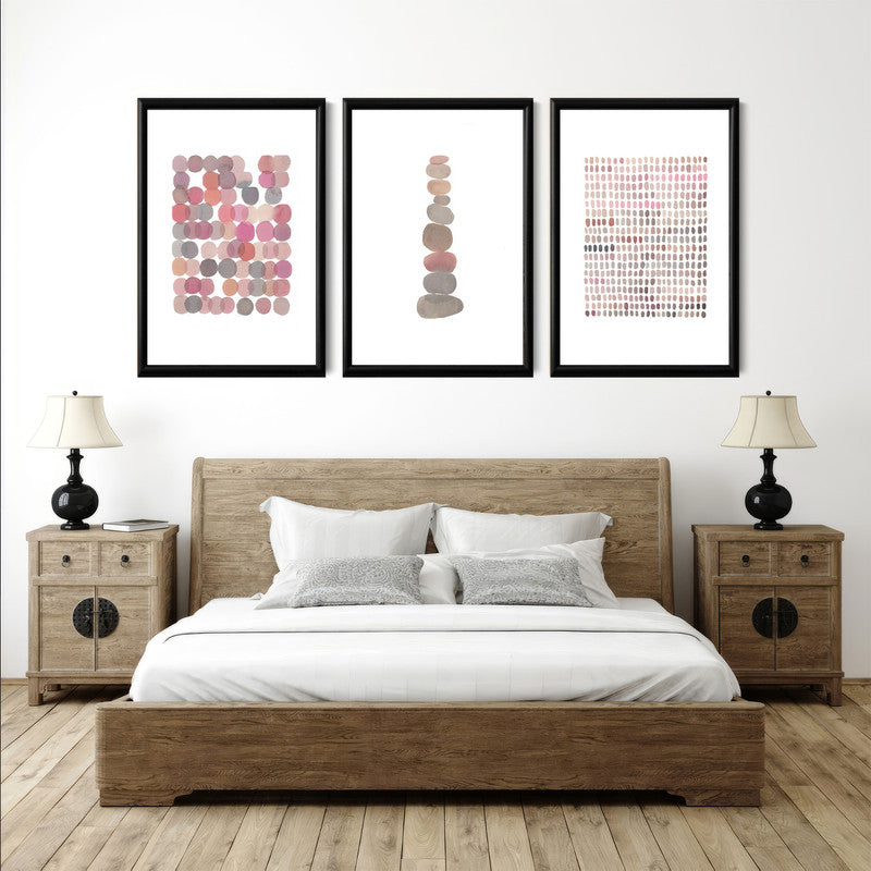 LuxuryStroke's Abstract Boho Art, Boho Style Paintingand Geometric Wall Art Painting - Boho Minimalistic Art - Set of 3 Pink and Grey Japandi Paintings