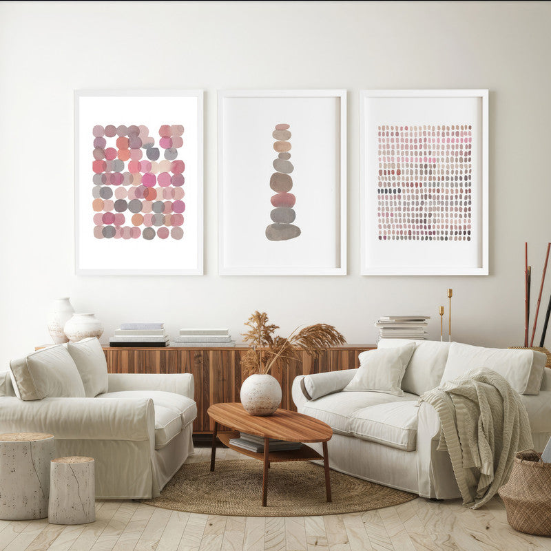 LuxuryStroke's Abstract Boho Art, Boho Style Paintingand Geometric Wall Art Painting - Boho Minimalistic Art - Set of 3 Pink and Grey Japandi Paintings