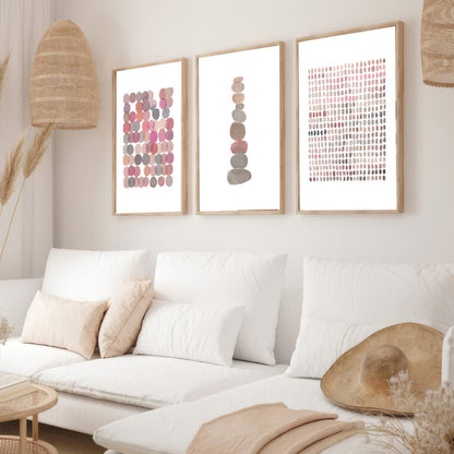 LuxuryStroke's Abstract Boho Art, Boho Style Paintingand Geometric Wall Art Painting - Boho Minimalistic Art - Set of 3 Pink and Grey Japandi Paintings