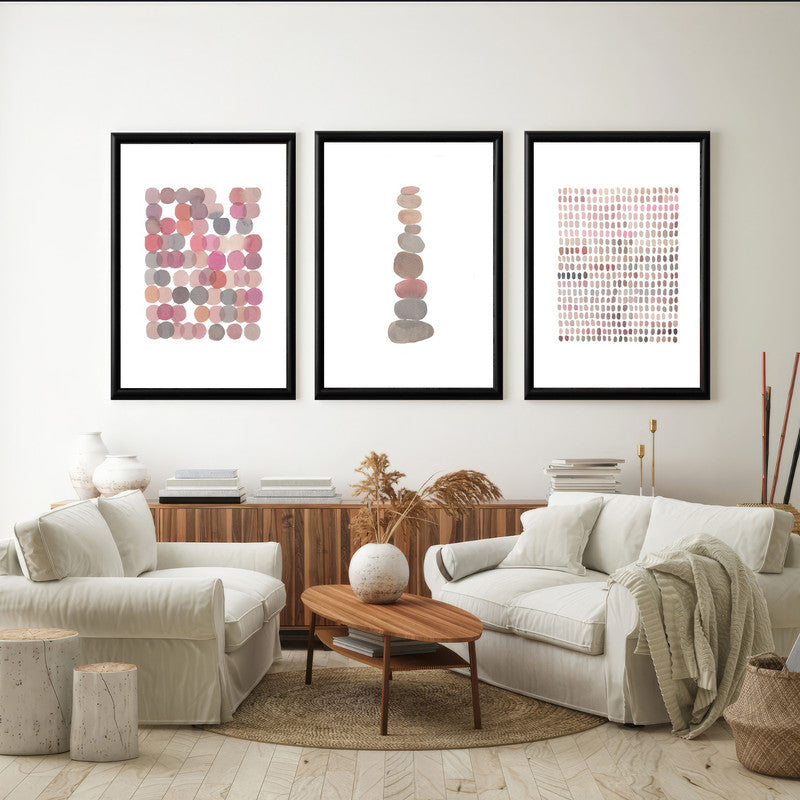 LuxuryStroke's Abstract Boho Art, Boho Style Paintingand Geometric Wall Art Painting - Boho Minimalistic Art - Set of 3 Pink and Grey Japandi Paintings
