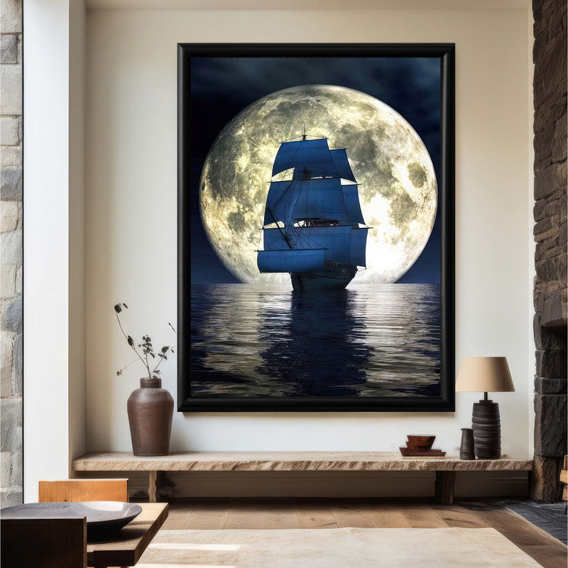 LuxuryStroke's Minimalistic Landscape Art, Acrylic Scenery Paintingand Landscape Art Watercolor - Midnight Reflections: Boat Sailing Towards Moon Painting