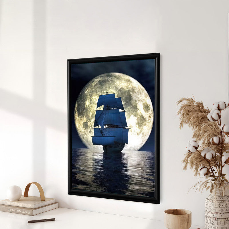 LuxuryStroke's Minimalistic Landscape Art, Acrylic Scenery Paintingand Landscape Art Watercolor - Midnight Reflections: Boat Sailing Towards Moon Painting