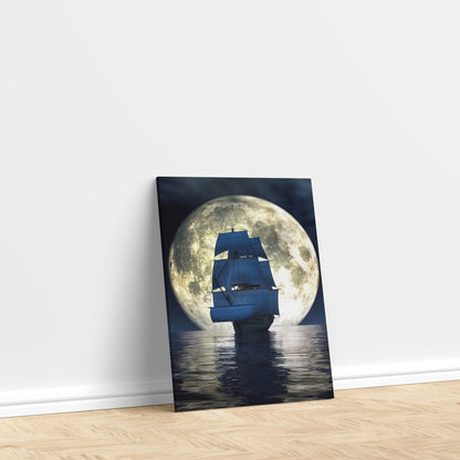 LuxuryStroke's Minimalistic Landscape Art, Acrylic Scenery Paintingand Landscape Art Watercolor - Midnight Reflections: Boat Sailing Towards Moon Painting