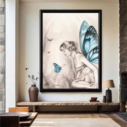 LuxuryStroke's Beautiful Women Painting, Woman Portrait Paintingand Feminist Artwork - Wings Of Imagination: Angel Girl And Butterfly Wall Art