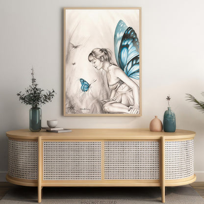 LuxuryStroke's Beautiful Women Painting, Woman Portrait Paintingand Feminist Artwork - Wings Of Imagination: Angel Girl And Butterfly Wall Art