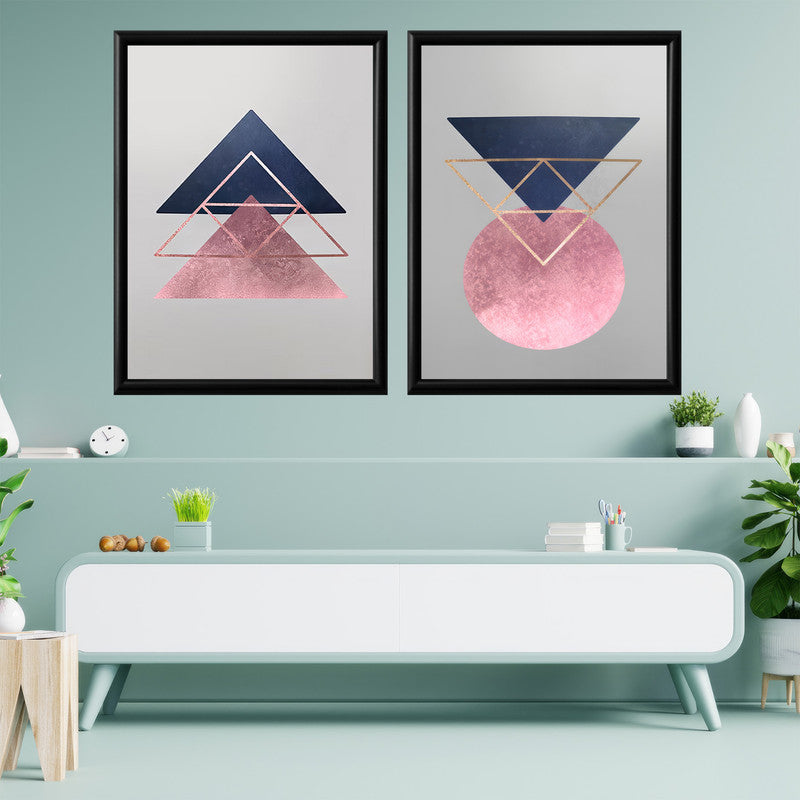 LuxuryStroke's Abstract Boho Art, Boho Style Paintingsand Painting Boho - Boho Minimalistic Fine Art: Set Of 2 Pink And Blue Geometric Paintings
