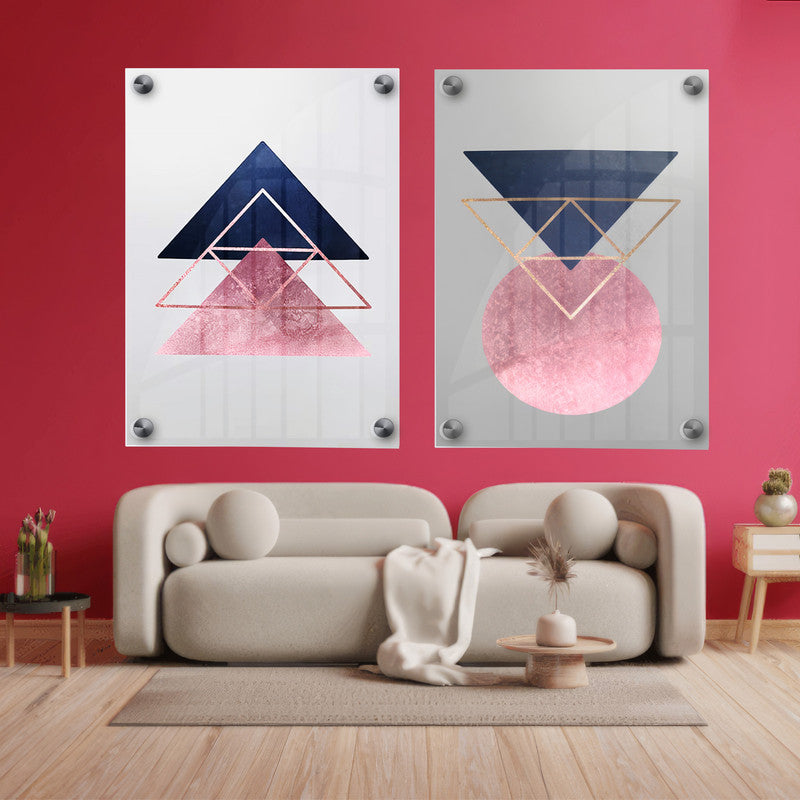 LuxuryStroke's Abstract Boho Art, Boho Style Paintingsand Painting Boho - Boho Minimalistic Fine Art: Set Of 2 Pink And Blue Geometric Paintings