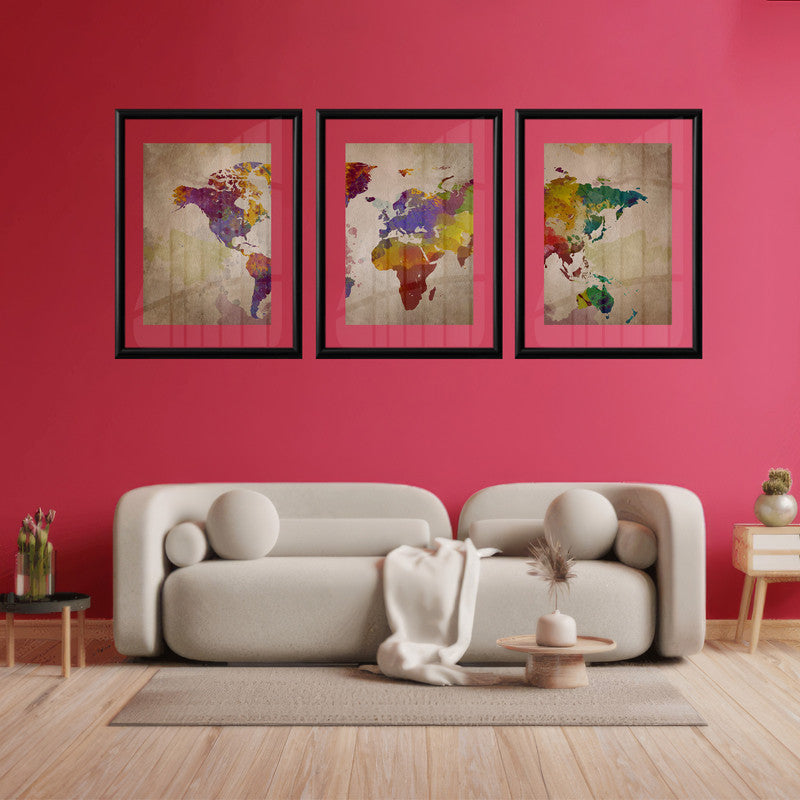 LuxuryStroke's Worldmap Landscape Art, Acrylic Landscape Paintingand Beautiful Landscape Art - Aesthetic World Map: Set Of 3 Paintings