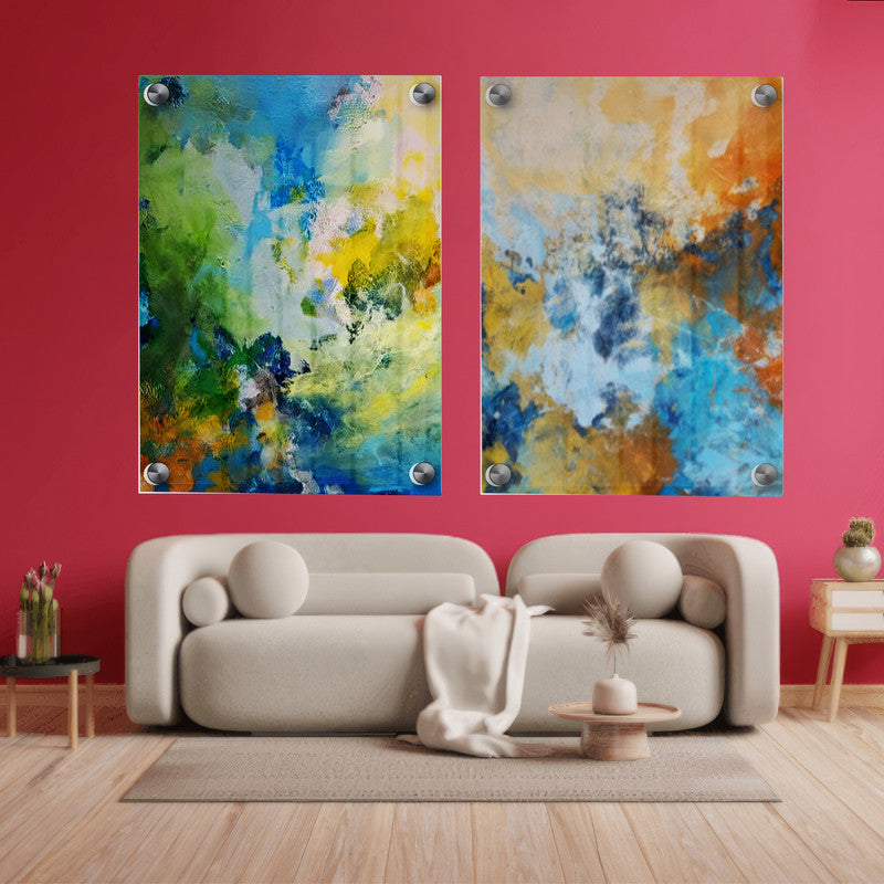 LuxuryStroke's Acrylic Abstract Flower Painting, Abstract Floral Acrylic Paintingand Contemporary Abstract Art - Abstract Colour Fusion: Set Of 2 Paintings