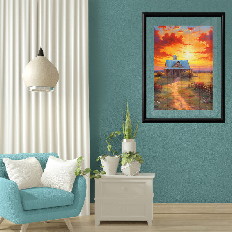 LuxuryStroke's Sunset Landscape Art, Acrylic Scenery Paintingand Landscape Painting Artwork - Sunset Serenity: Contemporary Landscape Wall Art