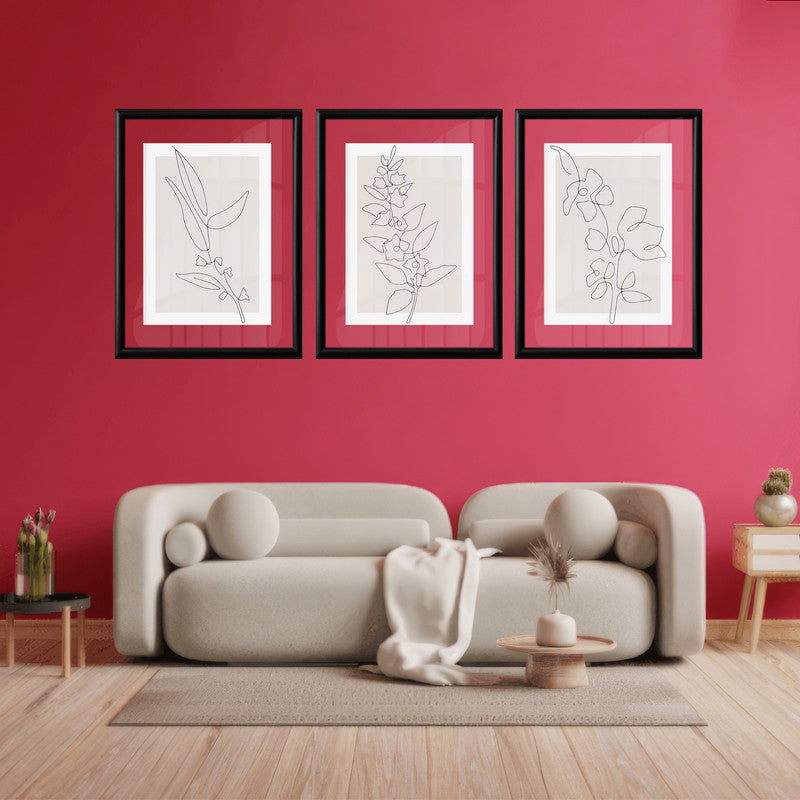 LuxuryStroke's Minimalistic Beautiful Floral Painting, Beautiful Flower Paintingand Floral Painting Acrylic - Botanical Art: Set Of 3 Minimalistic Lineart Floral Paintings