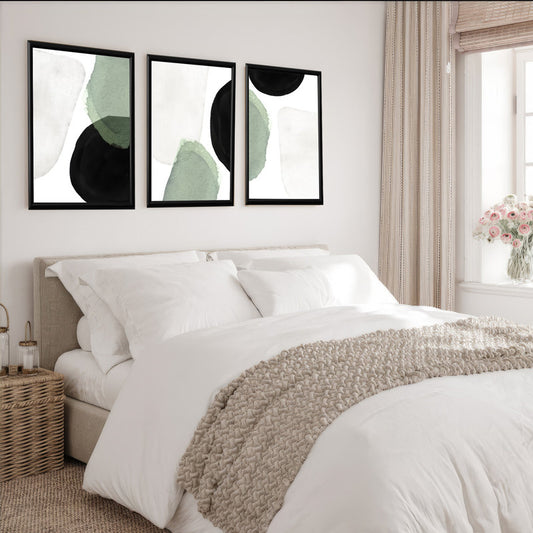 LuxuryStroke's Abstract Boho Art, Geometric Wall Art Paintingand Boho Art Painting - Boho Art - Set Of 3 Black & Green Japandi Paintings - Geometric Art