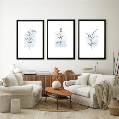 LuxuryStroke's Acrylic Painting Floral, Beautiful Floral Paintingand Beautiful Flower Painting - Botanical Art: Set Of 3 Minimalistic Blue Lineart Floral Paintings