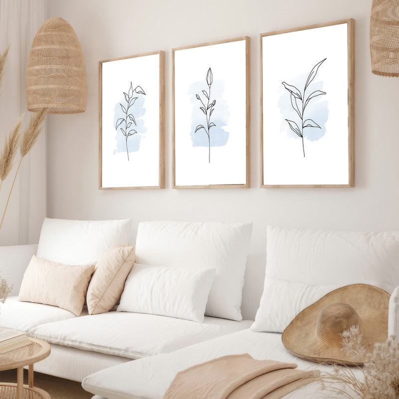 LuxuryStroke's Acrylic Painting Floral, Beautiful Floral Paintingand Beautiful Flower Painting - Botanical Art: Set Of 3 Minimalistic Blue Lineart Floral Paintings