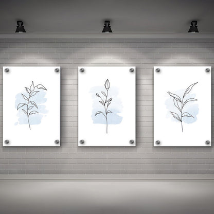 LuxuryStroke's Acrylic Painting Floral, Beautiful Floral Paintingand Beautiful Flower Painting - Botanical Art: Set Of 3 Minimalistic Blue Lineart Floral Paintings