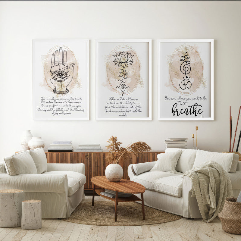 LuxuryStroke's Spiritual Wall Art For Living Room, Indian Spiritual Paintingsand Spiritual Framed Wall Art - Spiritual Art - Hamsa, Lotus & Om - Set Of 3 Paintings