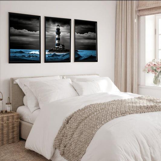 LuxuryStroke's Light House Landscape Art, Landscape Artand Beautiful Landscape Art - Landscape Art - Lighthouse And Blue Waves - Set Of 3 Paintings