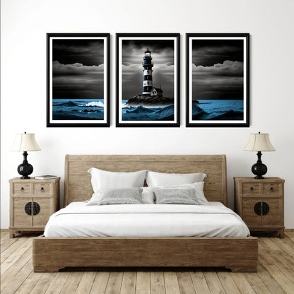 LuxuryStroke's Light House Landscape Art, Landscape Artand Beautiful Landscape Art - Landscape Art - Lighthouse And Blue Waves - Set Of 3 Paintings
