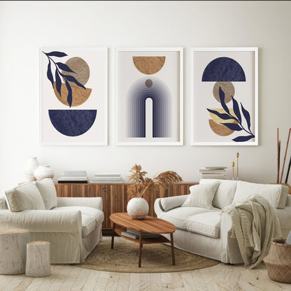 LuxuryStroke's Boho Flower Painting, Simple Boho Paintingsand Canvas Painting Geometric - Boho Art - Set Of 3 Blue Japandi Paintings - Geometric Art