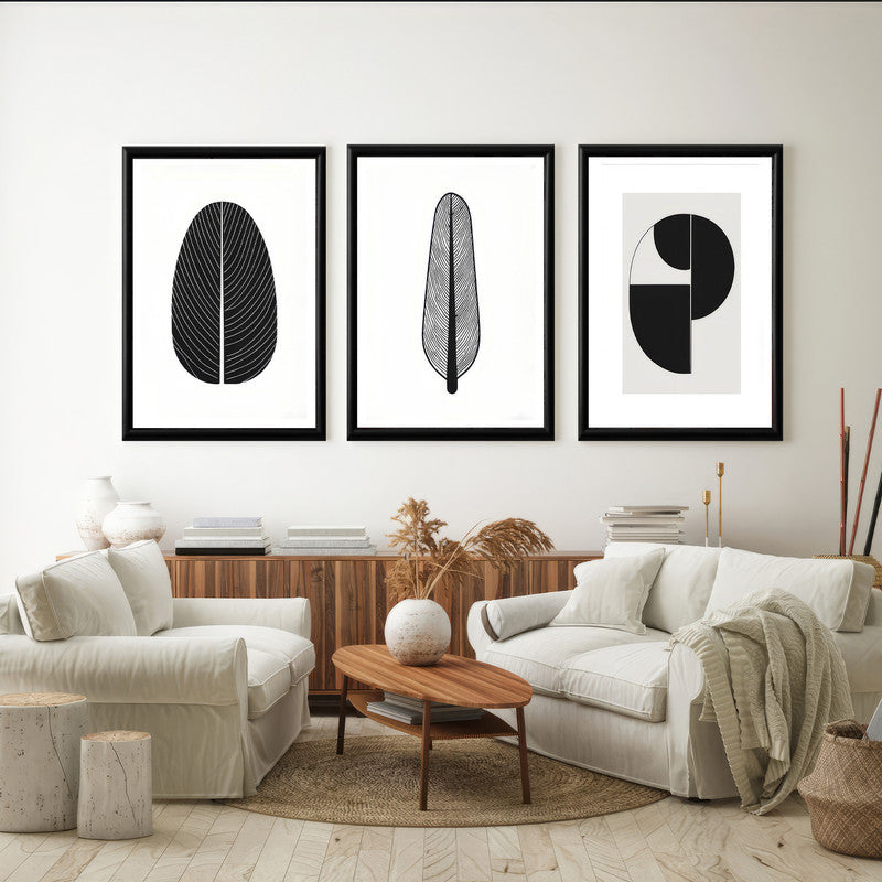 LuxuryStroke's Abstract Boho Art, Geometric Canvas Paintingand Black And White Painting Boho - Monochrome Art - Set Of 3 Minimalistic Geometric Paintings
