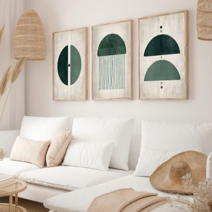 LuxuryStroke's Aesthetic Boho Painting, Painting Bohoand Simple Boho Paintings - Boho Geometric Art - Set Of 3 Grey & Green Paintings