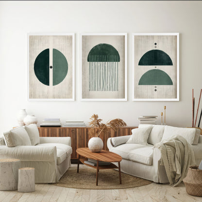 LuxuryStroke's Aesthetic Boho Painting, Painting Bohoand Simple Boho Paintings - Boho Geometric Art - Set Of 3 Grey & Green Paintings