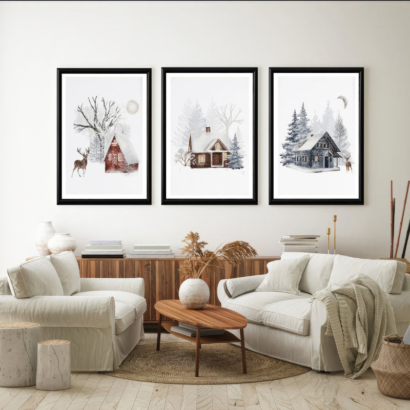 LuxuryStroke's Beautiful Landscape Art, Landscape Painting Artworkand Acrylic Scenery Painting - Landscape Art - Snowy Winter Home & Stag - Set Of 3 Paintings
