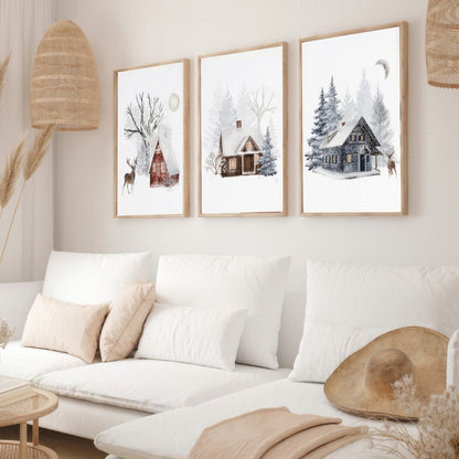 LuxuryStroke's Beautiful Landscape Art, Landscape Painting Artworkand Acrylic Scenery Painting - Landscape Art - Snowy Winter Home & Stag - Set Of 3 Paintings