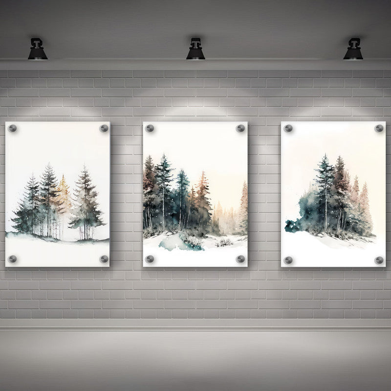 LuxuryStroke's Mountain Landscape Artwork, Nature Painting Landscapeand Acrylic Landscape Painting - Landscape Art - Forest In Snow - Set Of 3 Art Pieces