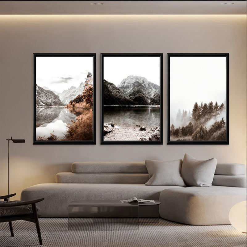 LuxuryStroke's Mountain Landscape Artwork, Nature Painting Landscapeand Acrylic Landscape Painting - Landscape Art - Mountain, River & Forest- Set Of 3 Art Pieces