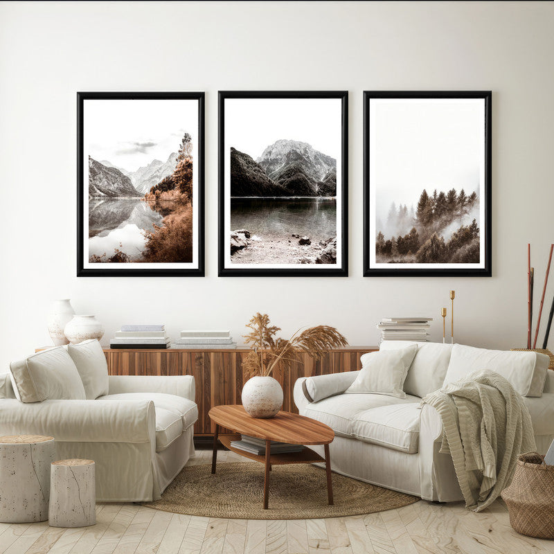 LuxuryStroke's Mountain Landscape Artwork, Nature Painting Landscapeand Acrylic Landscape Painting - Landscape Art - Mountain, River & Forest- Set Of 3 Art Pieces