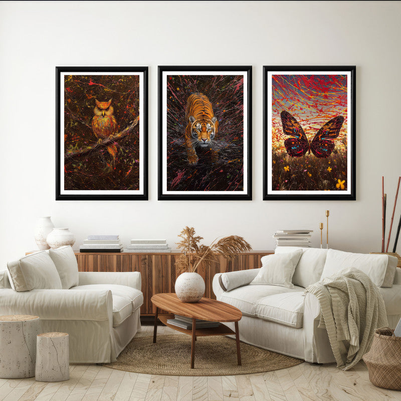 LuxuryStroke's Owl And Tiger Painting, Minimalistic Lion Paintingand Paintings Of Animals - Wildlife Art - Own, Tiger & Butterfly - Set Of 3 Paintings