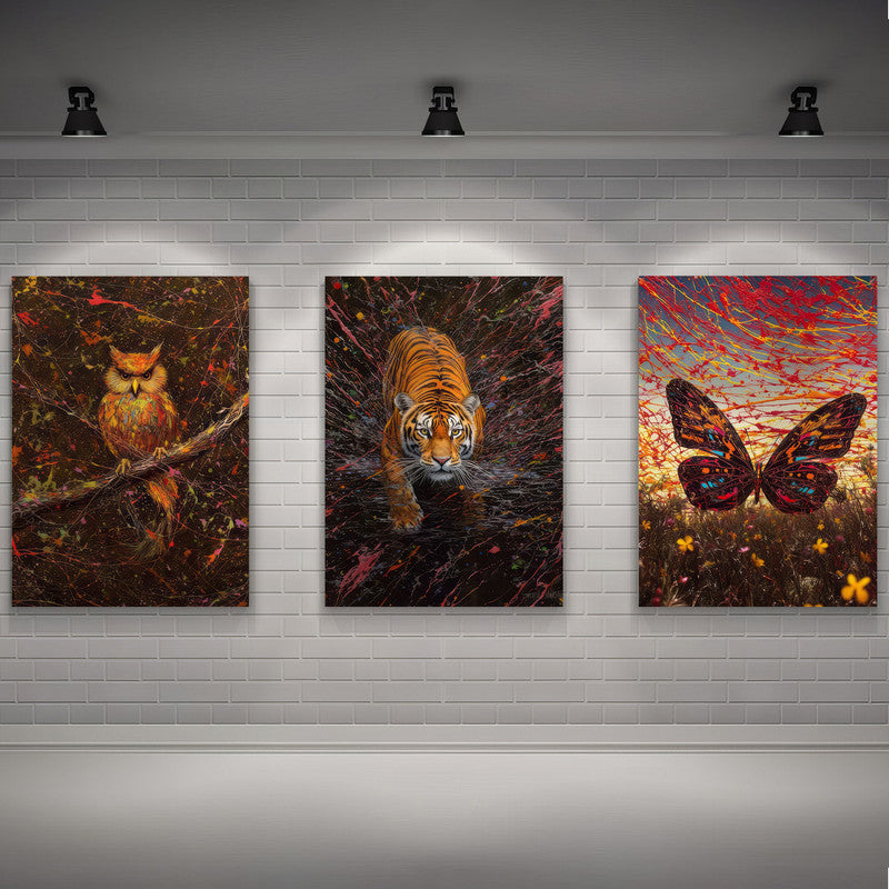 LuxuryStroke's Owl And Tiger Painting, Minimalistic Lion Paintingand Paintings Of Animals - Wildlife Art - Own, Tiger & Butterfly - Set Of 3 Paintings